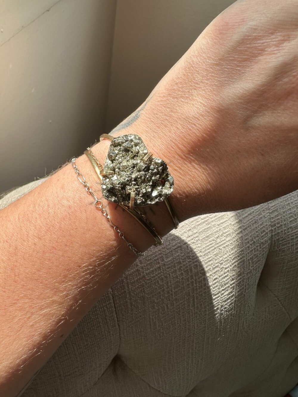 Handmade Gold + Pyrite Cuff - Adjustable gold-filled cuff with pyrite heart NEW
